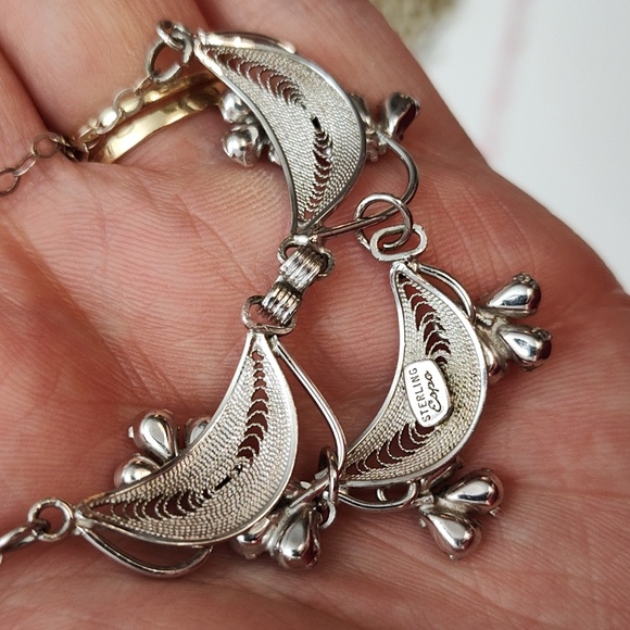 Vintage ESPO Sterling Silver Filigree Rhinestone Necklace 21" - Picture 6 of 13